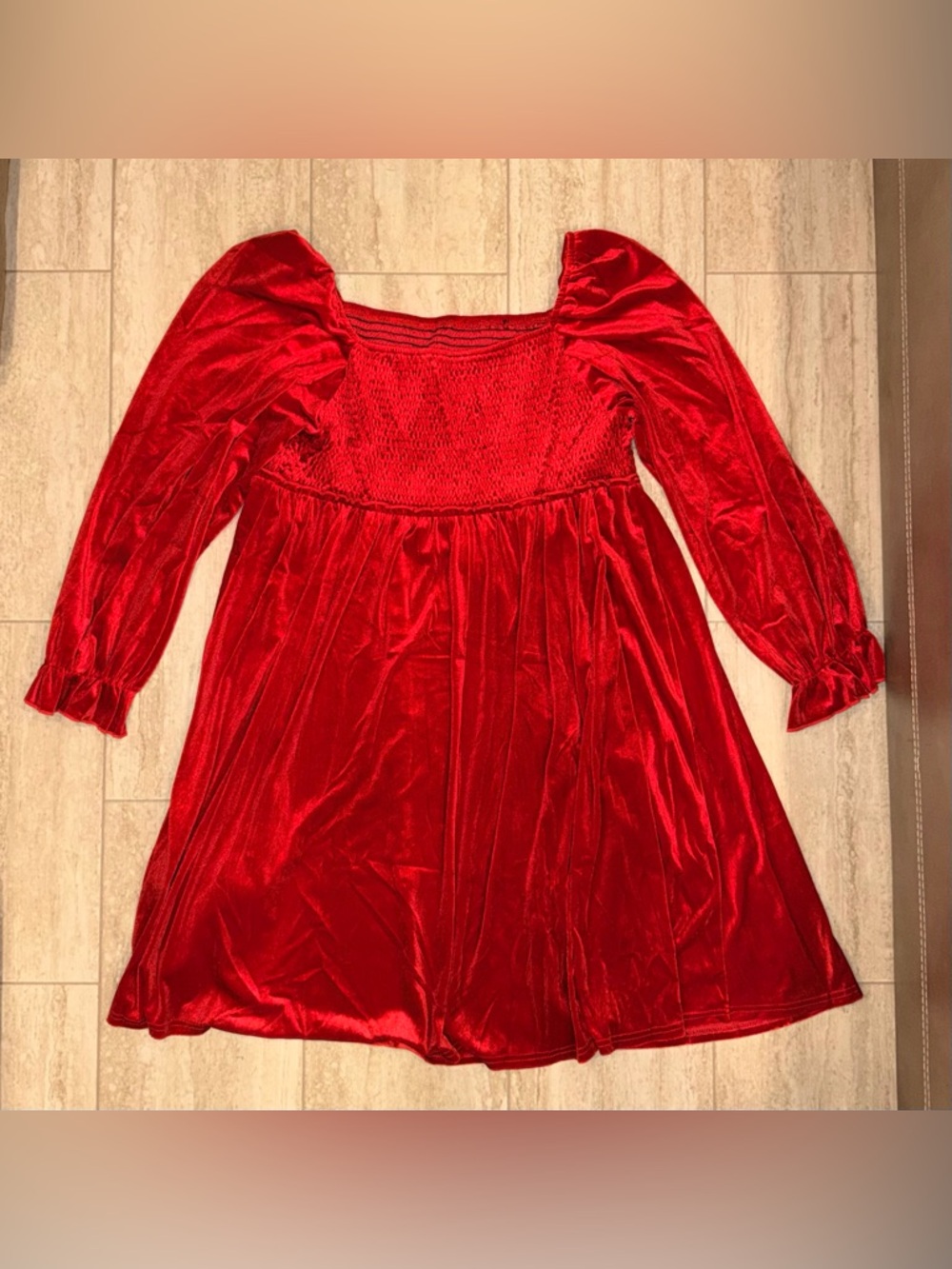 NWT SHEIN Red Velvet Long Sleeve Smocked Bodice Dress Size 3XL